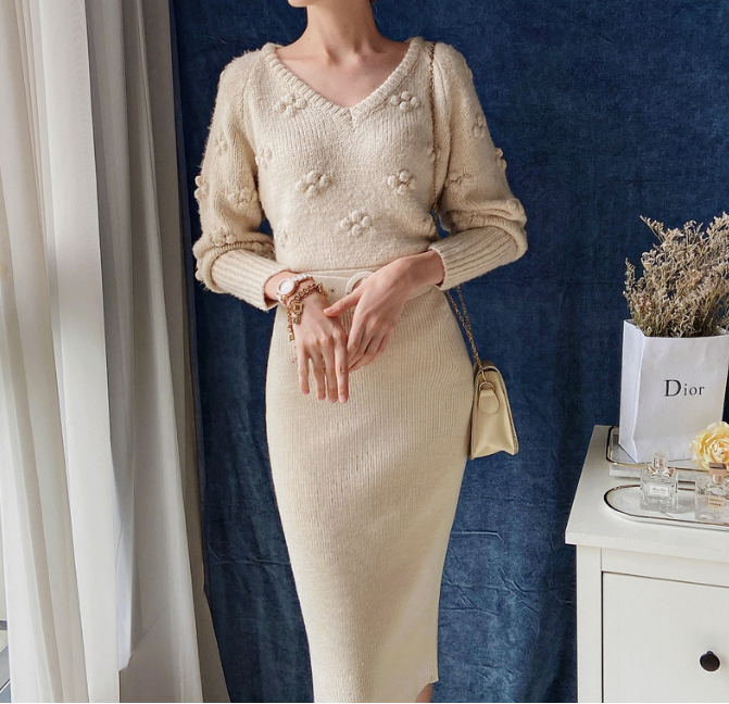 2022 New Spring Gentle Dress Children's Slim Wrap Hip Knitted Dress Medium Long