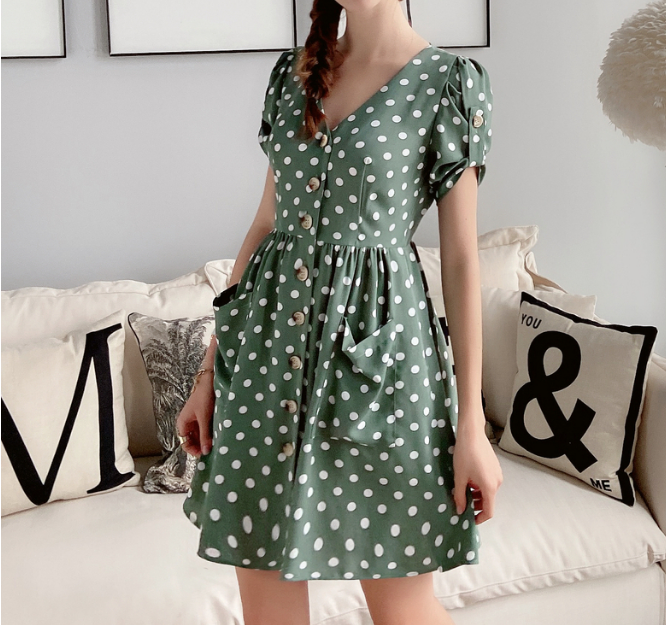 French vintage new style bubble sleeve V-neck polka dot short skirt chiffon sweet dress girls summer