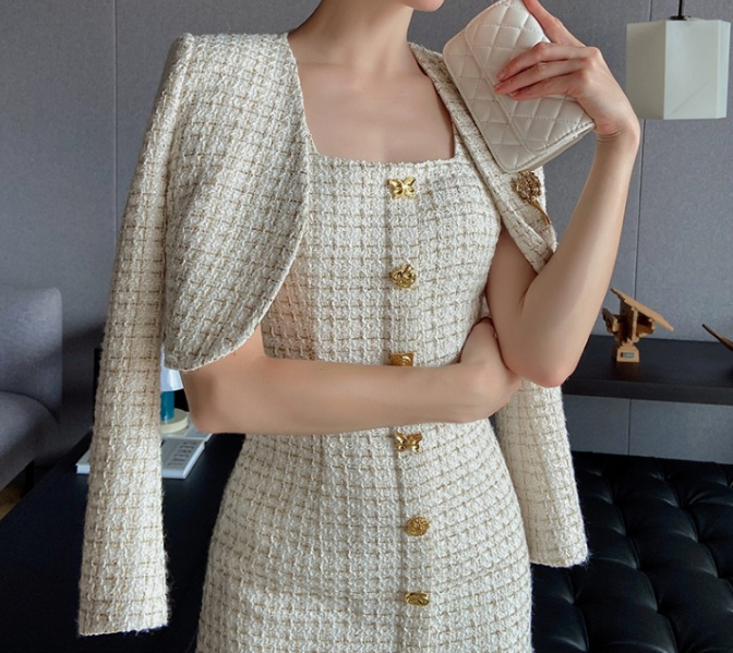 2022 new tweed vest skirt temperament dress short coat two-piece suit women's autumn