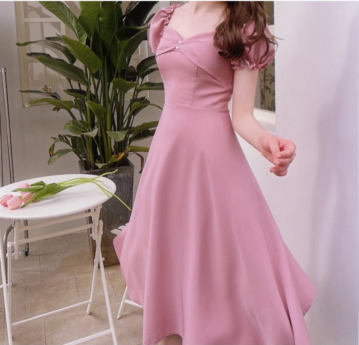 French Temperament Lady Bubble Sleeve Dress with Slim Waist