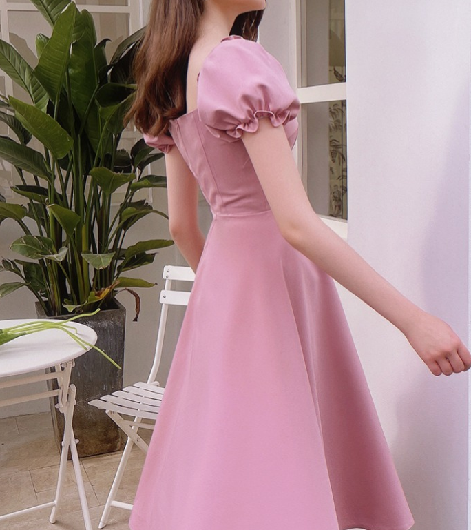 French Temperament Lady Bubble Sleeve Dress with Slim Waist