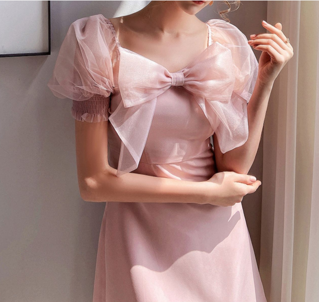 Sweet Patchwork Princess Dress Women Bowknot Half Sleeve Pink Long Dress Summer New Style