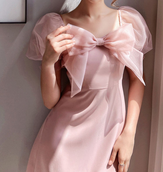 Sweet Patchwork Princess Dress Women Bowknot Half Sleeve Pink Long Dress Summer New Style