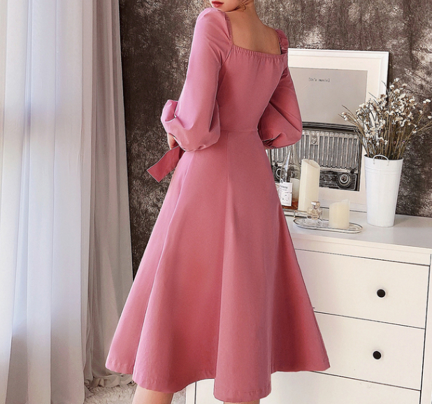 2022 Spring New Square Neck Skirt Ladies' Big Swing Dress Morandi Pink Dress