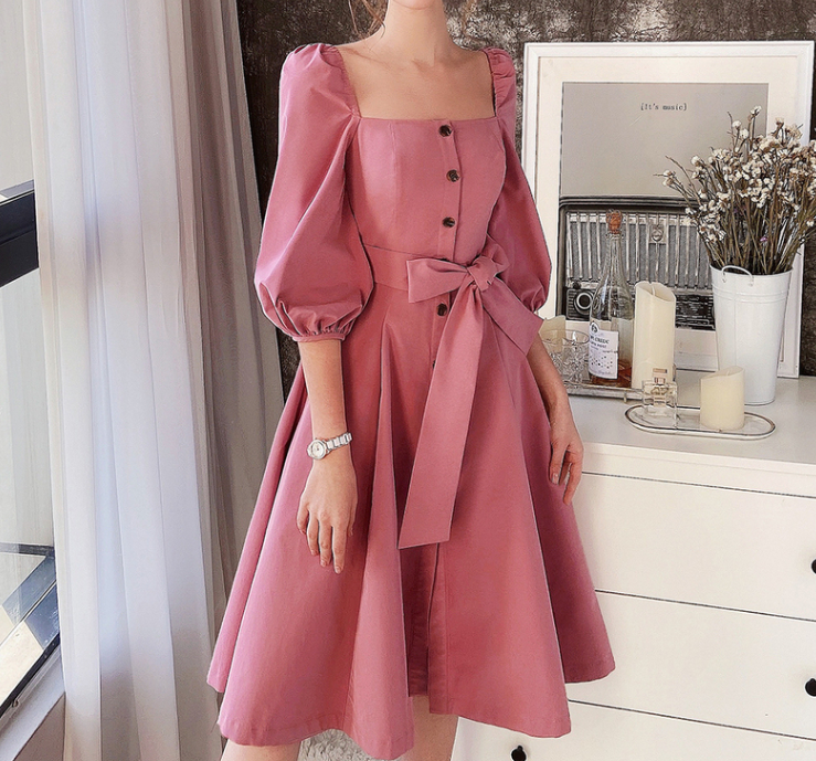 2022 Spring New Square Neck Skirt Ladies' Big Swing Dress Morandi Pink Dress
