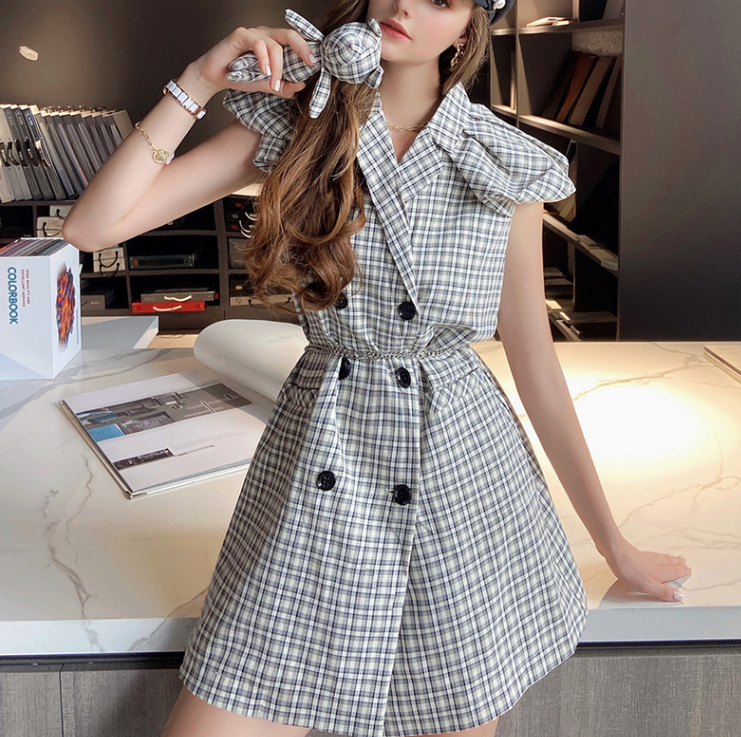 Little Bear Black and White Strap Plaid Dress Women's Summer A-line Dress Double breasted