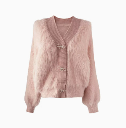 2022 Autumn New Bowknot Pink Coat Sweet V-Neck Wool Knitted Cardigan