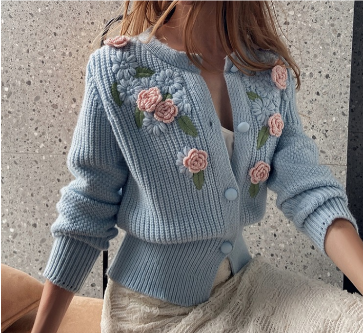 French Heavy Industry Embroidery Round Neck Knitted Cardigan Women's Autumn Sweater Coat 2022 New