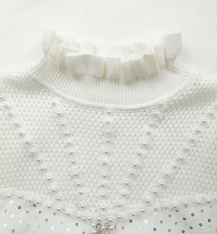 Palace Style Heavy Industry Pinning Beads and Sequins Mesh High Collar Underlay Slim Fit Knitwear for Women in Autumn and Winter