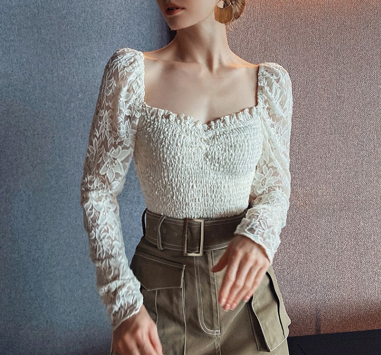 Temperament French square neck ruffled lace shirt women's new sexy blouse in early autumn 2022