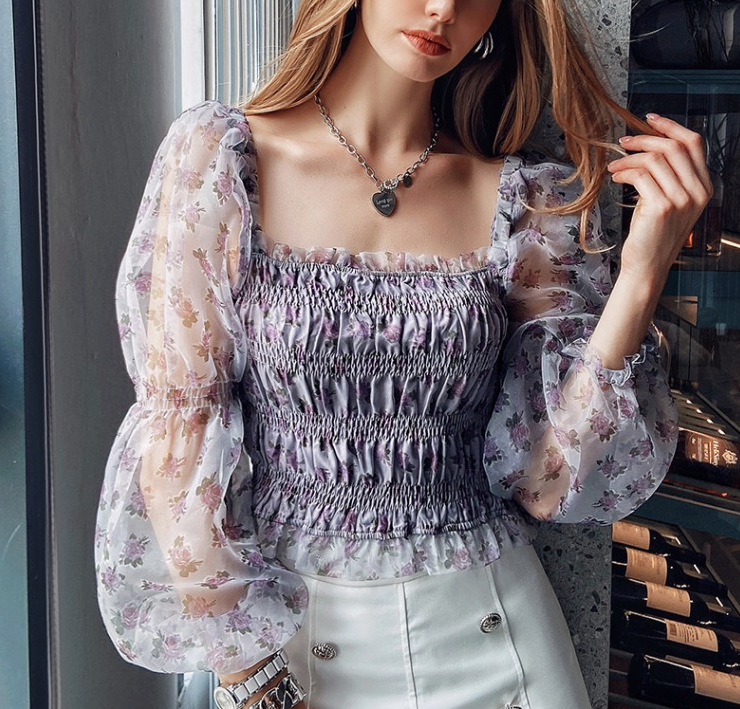 Temperament Square Neck Slim Bubble Sleeve Printed Shirt Short Top for Women in Early Autumn 2022