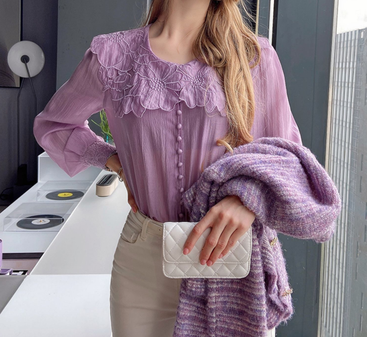 Commuter Embroidered Doll Neck Long Sleeve Shirt Autumn 2022 New Temperament Purple Top Girl
