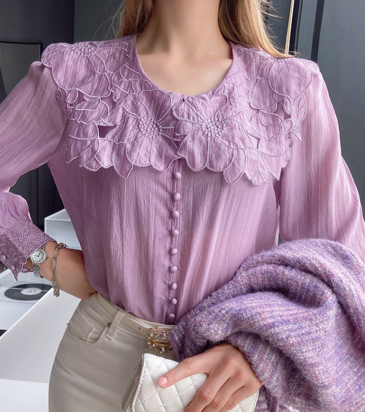 Commuter Embroidered Doll Neck Long Sleeve Shirt Autumn 2022 New Temperament Purple Top Girl