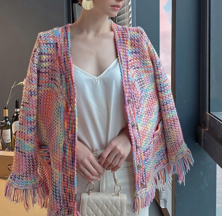 Slouchy color design tassel loose sweater coat women cardigan new 2022