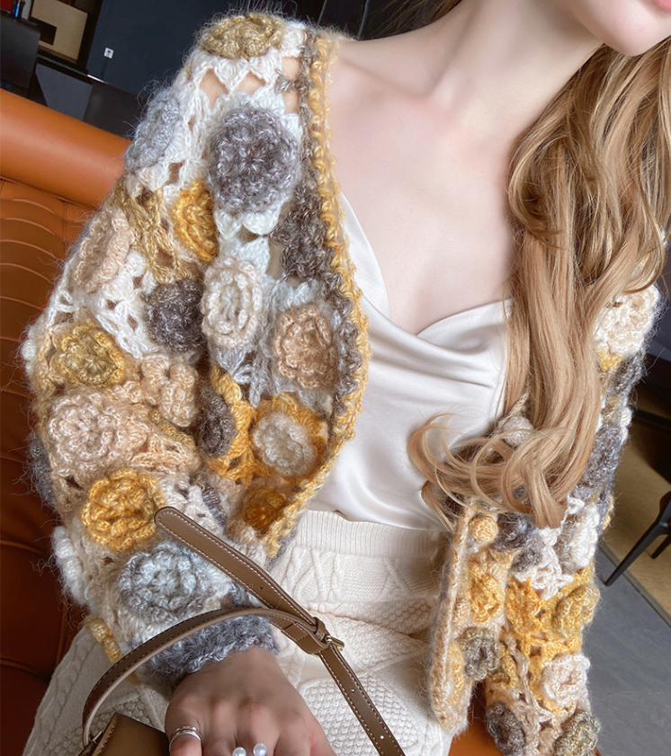 Slouchy style loose crochet hollow knit cardigan coat for women