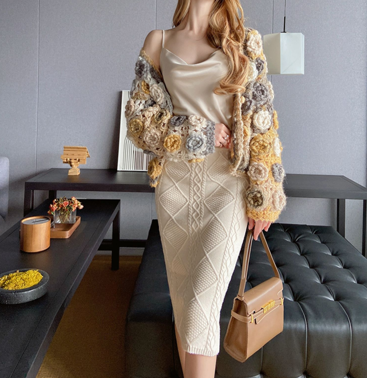 Slouchy style loose crochet hollow knit cardigan coat for women
