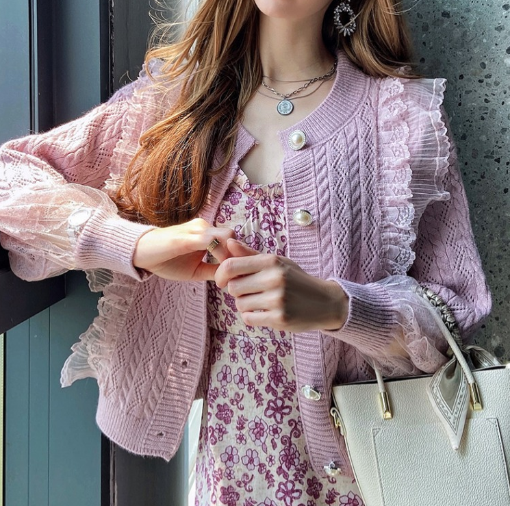 Early autumn splicing mesh sweet French sweater cardigan 2022 new age reducing women's coat