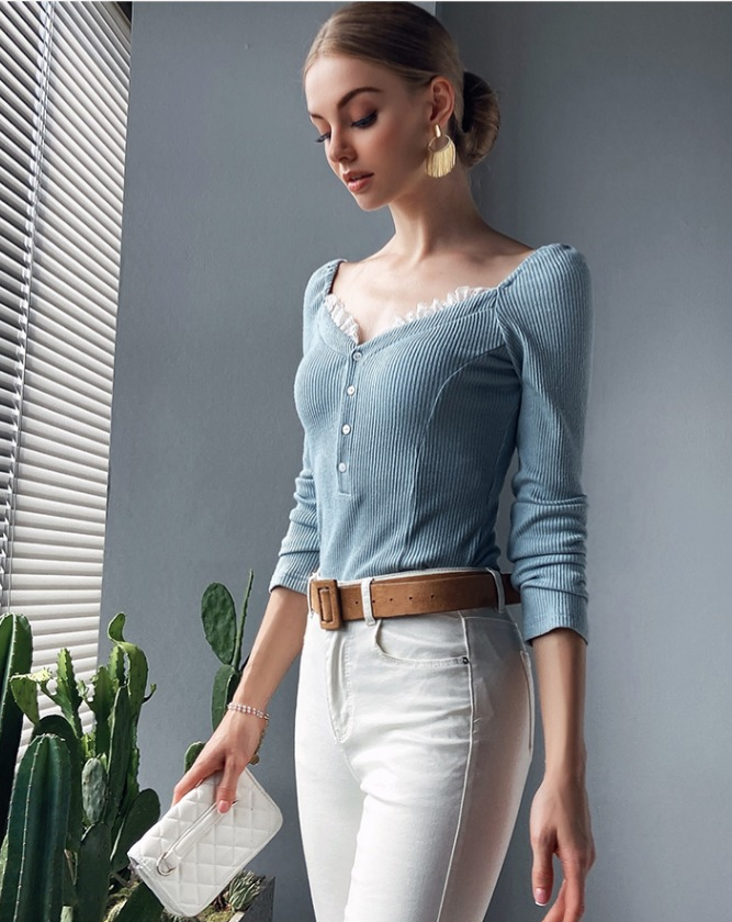 2022 New Slim Lace Splice Long Sleeve V-Neck Pullover Knitwear Short Top Women