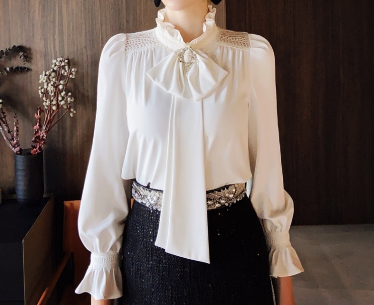 Bubble Sleeve Chiffon Top 2022 New Long Sleeve Design White Shirt Spring Shirt Women