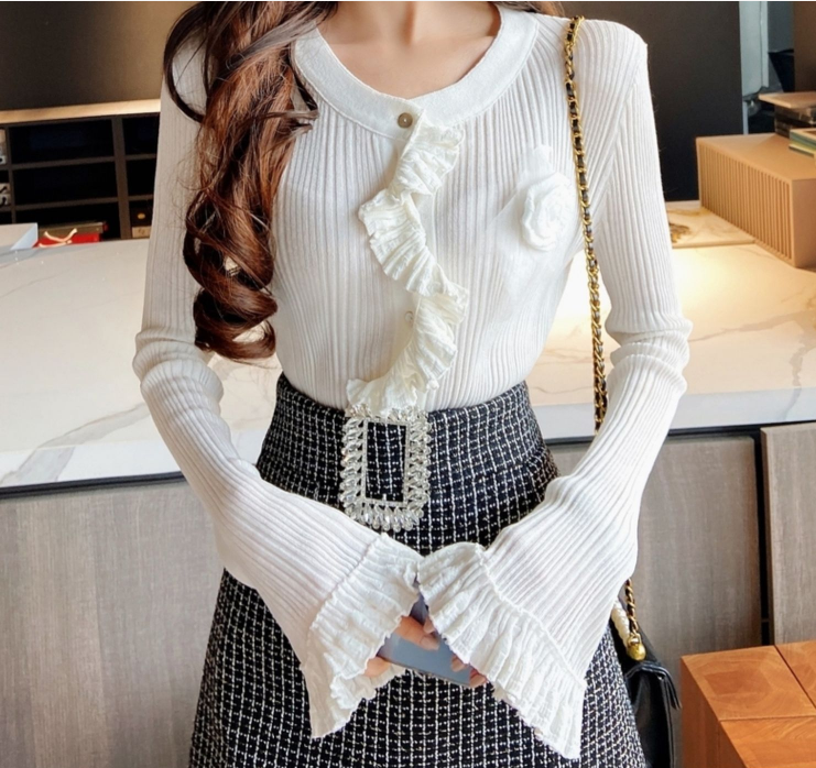 Temperament Commuter Celebrity Long Sleeve Knit Shirt 3D Floral Ruffles Slim Shirt Women's New Style
