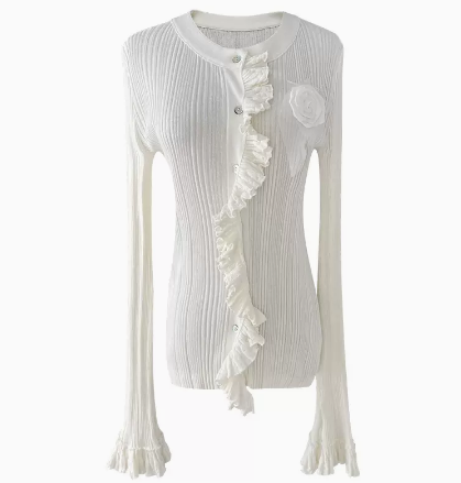 Temperament Commuter Celebrity Long Sleeve Knit Shirt 3D Floral Ruffles Slim Shirt Women's New Style