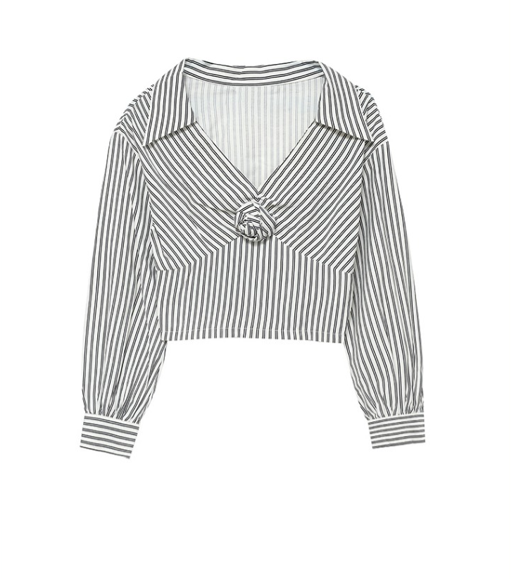 New French vintage black and white striped V-neck blouse women's three-dimensional flower shirt