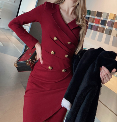 Yujie Wind Wine Red Irregular Double breasted Wrapped Slim Dress for Women in Autumn
