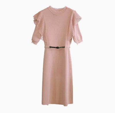 2022 New Mesh Splice Knitted Dress Women's Crew Neck Temperament Mid length Skirt