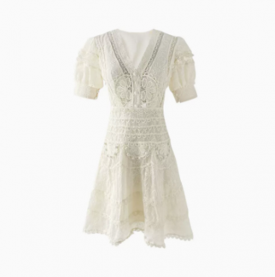 WATER-SOLUBLE LACE BUBBLE SLEEVE COLLAR DRESS 2022 NEW SMALL DESIGN A-LINE SKIRT