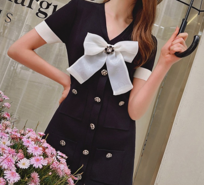 2022 New French Slim Knitted Bowknot Dress