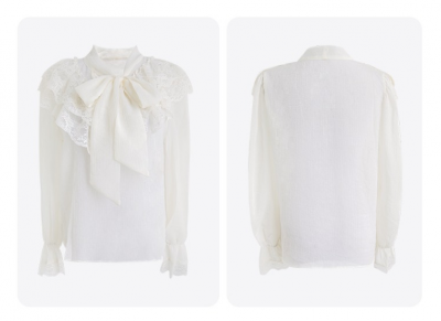 Early Autumn Bowknot Design Sense Lace Splice Chiffon Shirt Top Women's 2022 New