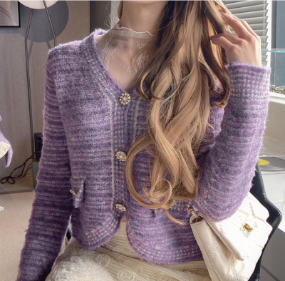 Celebrity temperament color matching knitted cardigan soft waxy v-neck short slim top gentle style woman